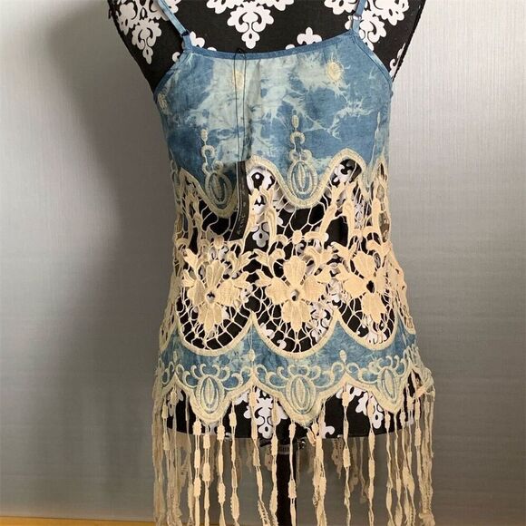 May & July Tops - May &‎ July Women's Blue Tie-Dye Crochet Lace Blouse Size M